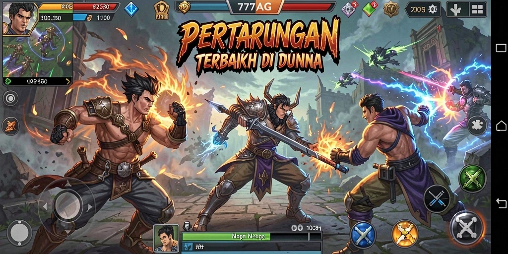 Screenshot menunjukkan aksi seru pertarungan karakter dalam 77AG.