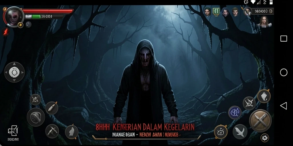 Screenshot gameplay 8HHH menampilkan suasana mencekam dan karakter menakutkan.