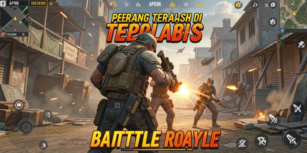 Screenshot AP686 menampilkan aksi intens dalam Battle Royale.