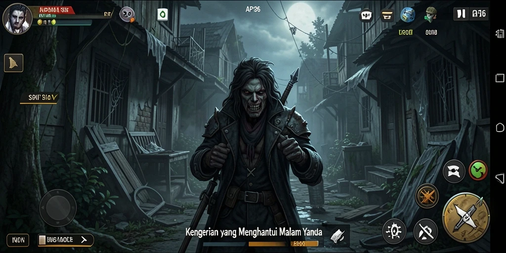 Screenshot gameplay API36 menunjukkan suasana mencekam dan kegelapan.