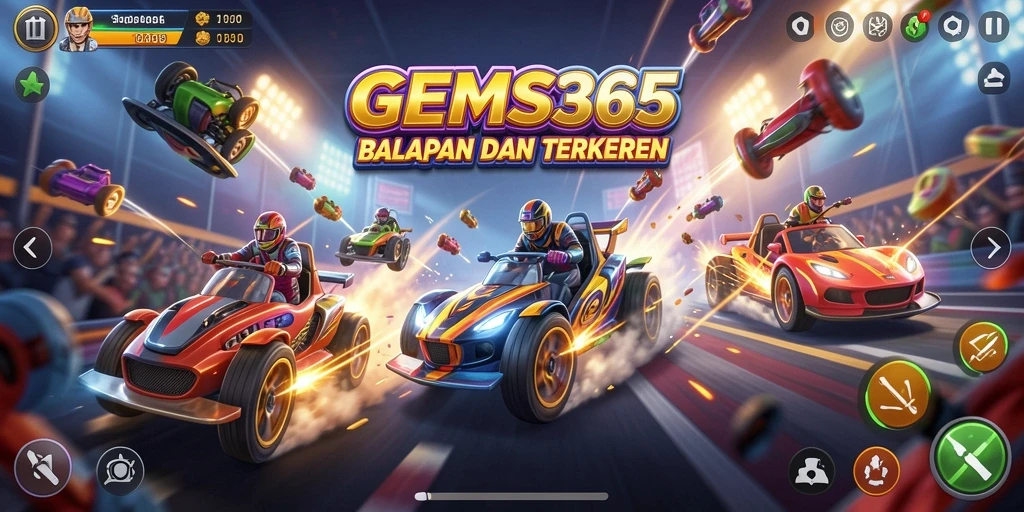 Tampilan gameplay GEMS365 yang mendebarkan dan penuh aksi balapan.