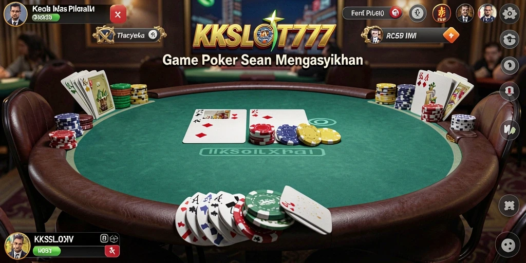 Tampilan seru gameplay KKSLOT777 dengan pemain bertarung di meja poker.