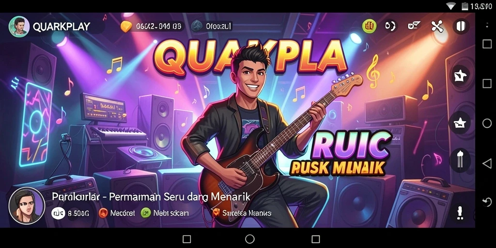 Tampilan utama QUARKPLAY dengan berbagai pilihan lagu dan fitur menarik.