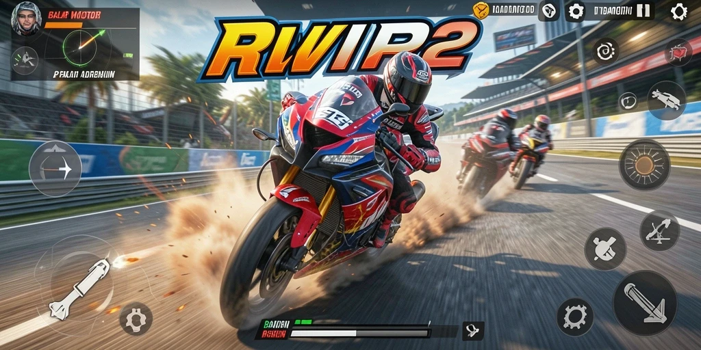 Screenshot gameplay balap motor yang mendebarkan di RVIP2.