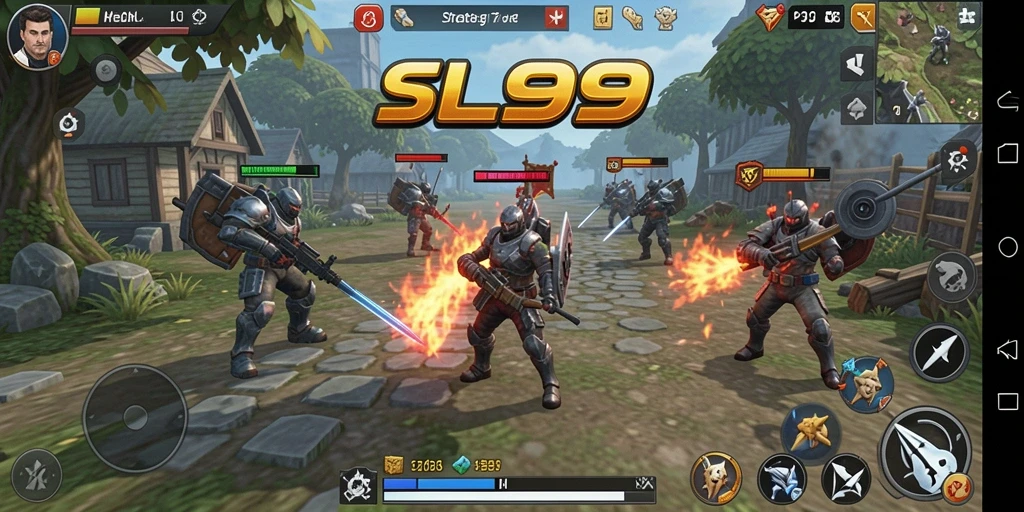 Screenshot dari gameplay SL999 menunjukkan aksi strategis dan pembangunan kerajaan.