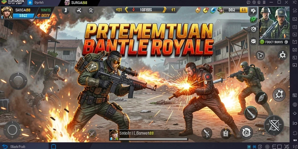 Gameplay SURGA88 menampilkan aksi pertempuran intens dalam atmosfer Battle Royale.